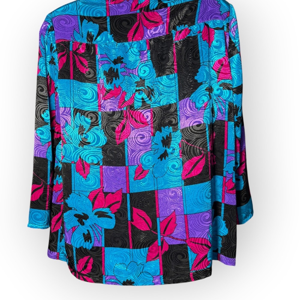 Vtg Tan Jay Silky Bright 80s Floral Geometric Blazer Plus 24W USA Dopamine Teal - Picture 3 of 13